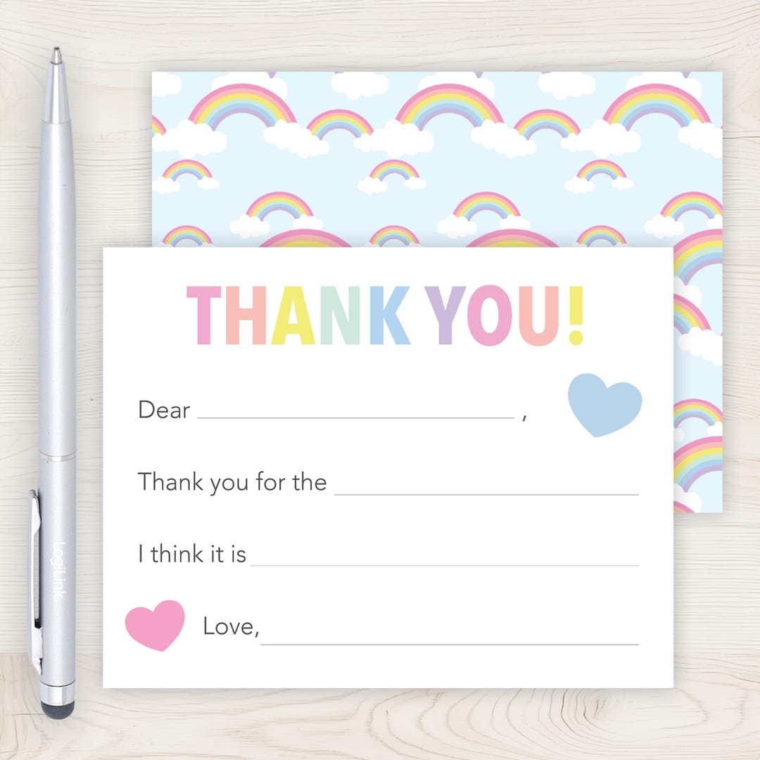 Kids Rainbow Fill in the Blank Thank You Cards | Kids Thank You Notes ...