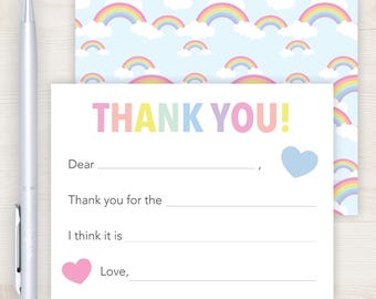 Kids Rainbow Fill In the Blank Thank You Cards | Kids Thank You Notes | Girls Fill In The Blank Cards | Pastel Rainbow Flat Note Cards 197