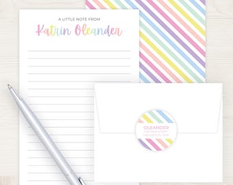 Girls Letter Writing Set | Letter Writing Kit | Girls Stationery | Girls Gift Idea | Lined Stationary Paper | Rainbow Pastel Stripes Pen Pal