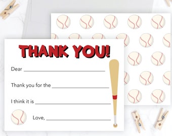Kids Fill In the Blank Thank You Cards | Baseball Thank You Notes | Sports Fill In The Blank Cards | Girls Boys Thank You Note Cards