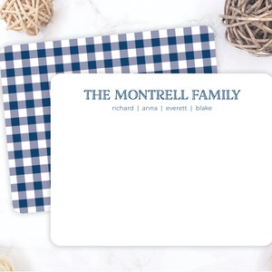 Personalized Family Stationery | Navy Blue White Gingham Family Stationary | Double Sided Flat Note Cards | Family Thank You Cards | Preppy