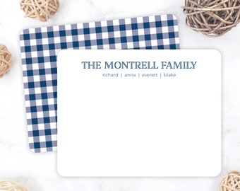 Personalized Family Stationery | Navy Blue White Gingham Family Stationary | Double Sided Flat Note Cards | Family Thank You Cards | Preppy