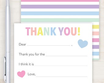 Kids Fill In the Blank Thank You Cards | Kids Thank You Notes | Girls Fill In The Blank Cards | Pastel Rainbow Stripes Note Cards 175