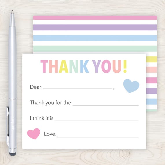 Kids Fill In the Blank Thank You Cards | Kids Thank You Notes | Girls Fill In The Blank Cards | Pastel Rainbow Stripes Note Cards 175