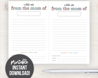 Printable Notes to School | A Note From the Mom Of  | Notes to the Teacher | Instant Download