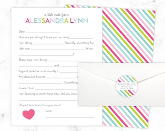 Kids Letter Writing Set | Fill-In-the-Blank Stationery Paper Rainbow Stripe | Camp Letter Lined Stationary | Pen Pal Stationary for Girls