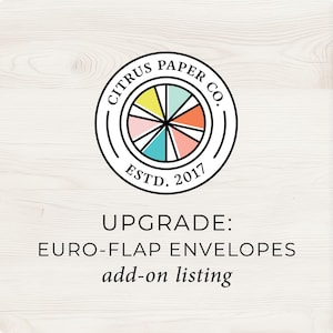 May include: A circular logo for Citrus Paper Co. Estd. 2017 featuring a multi-colored segmented circle in yellow, mint, orange, pink, and teal. Below the logo, the text reads: UPGRADE: EURO-FLAP ENVELOPES add-on listing in black font.