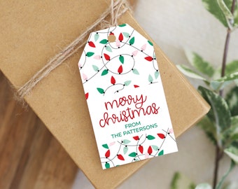 Personalized Christmas Gift Tag | Personalized Holiday Gift Tag | Christmas Lights | Kids Gift Tag | Rectangle Notched Christmas Gift Tag