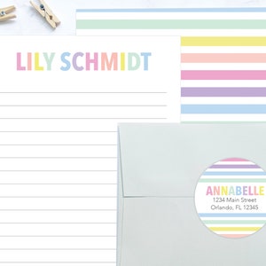 Girls Letter Writing Set | Letter Writing Kit | Girls Stationery | Girls Gift Idea | Lined Stationary Paper | Rainbow Pastel Stripes