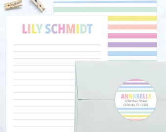 Girls Letter Writing Set | Letter Writing Kit | Girls Stationery | Girls Gift Idea | Lined Stationary Paper | Rainbow Pastel Stripes