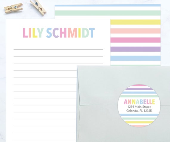 Girls Letter Writing Set Letter Writing Kit Girls Stationery Girls Gift  Idea Lined Stationary Paper Rainbow Pastel Stripes 