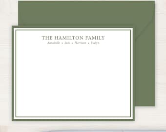 Family Stationery Set | Personalized Flat Note Cards | Green or Custom Colors