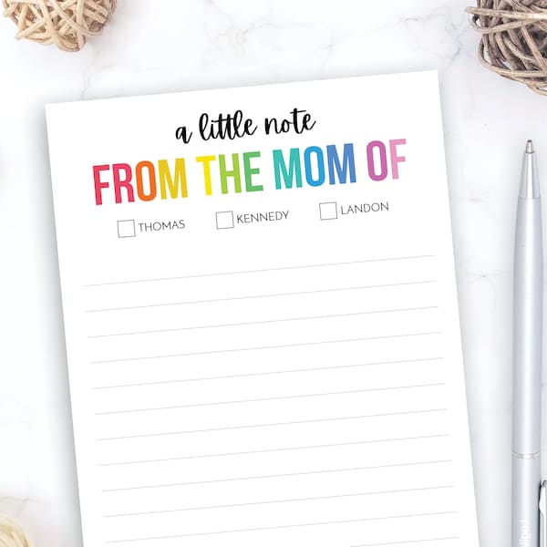 From the Mom of Notepad | Rainbow Notepad 5x7 Mom Notepad | 5.5x8.5 Notepad | Notepad with Kids Names | Personalized Stationery Gift Idea