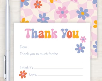 Kids Fill-in-the-Blank Thank You Cards | Retro Flower Girls Fillable Thank You Notes | Checkered Pink Floral Kids Stationery Stationary
