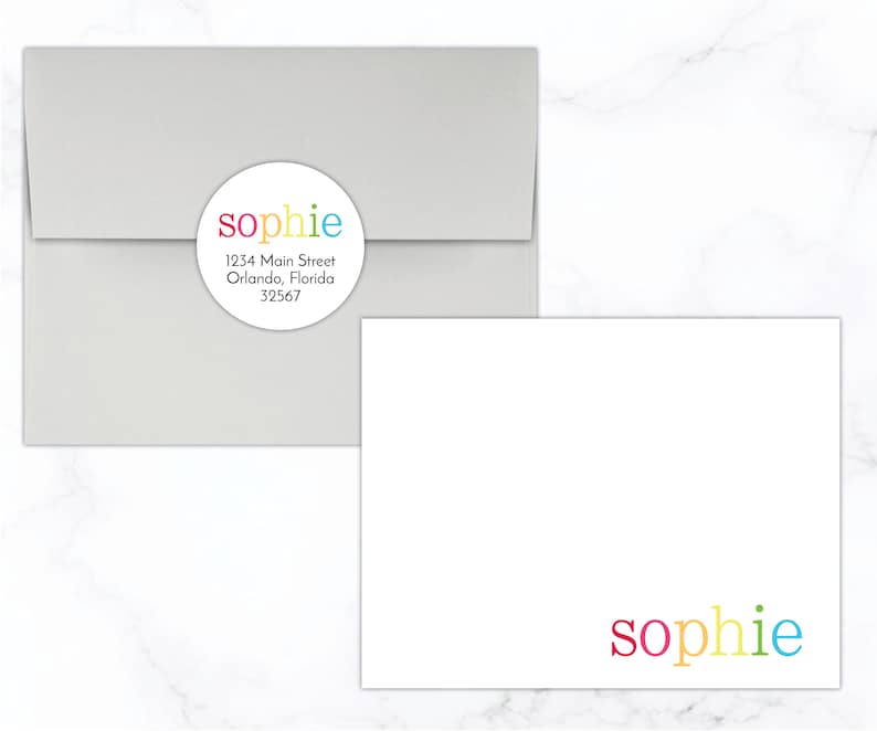 Kids Stationary Set for Girls Rainbow Personalized Flat Note Cards Bright and Colorful Kids Stationery Set Thank You Cards Notes 190