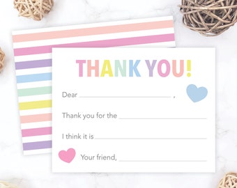 Kids Fill In the Blank Thank You Cards | Kids Thank You Notes | Girls Fill In The Blank Cards | Pastel Rainbow Stripes Note Cards 175