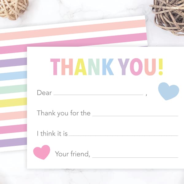 Kids Fill In the Blank Thank You Cards | Kids Thank You Notes | Girls Fill In The Blank Cards | Pastel Rainbow Stripes Note Cards 175