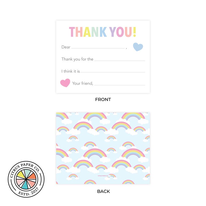 Kids Rainbow Fill in the Blank Thank You Cards | Kids Thank You Notes ...