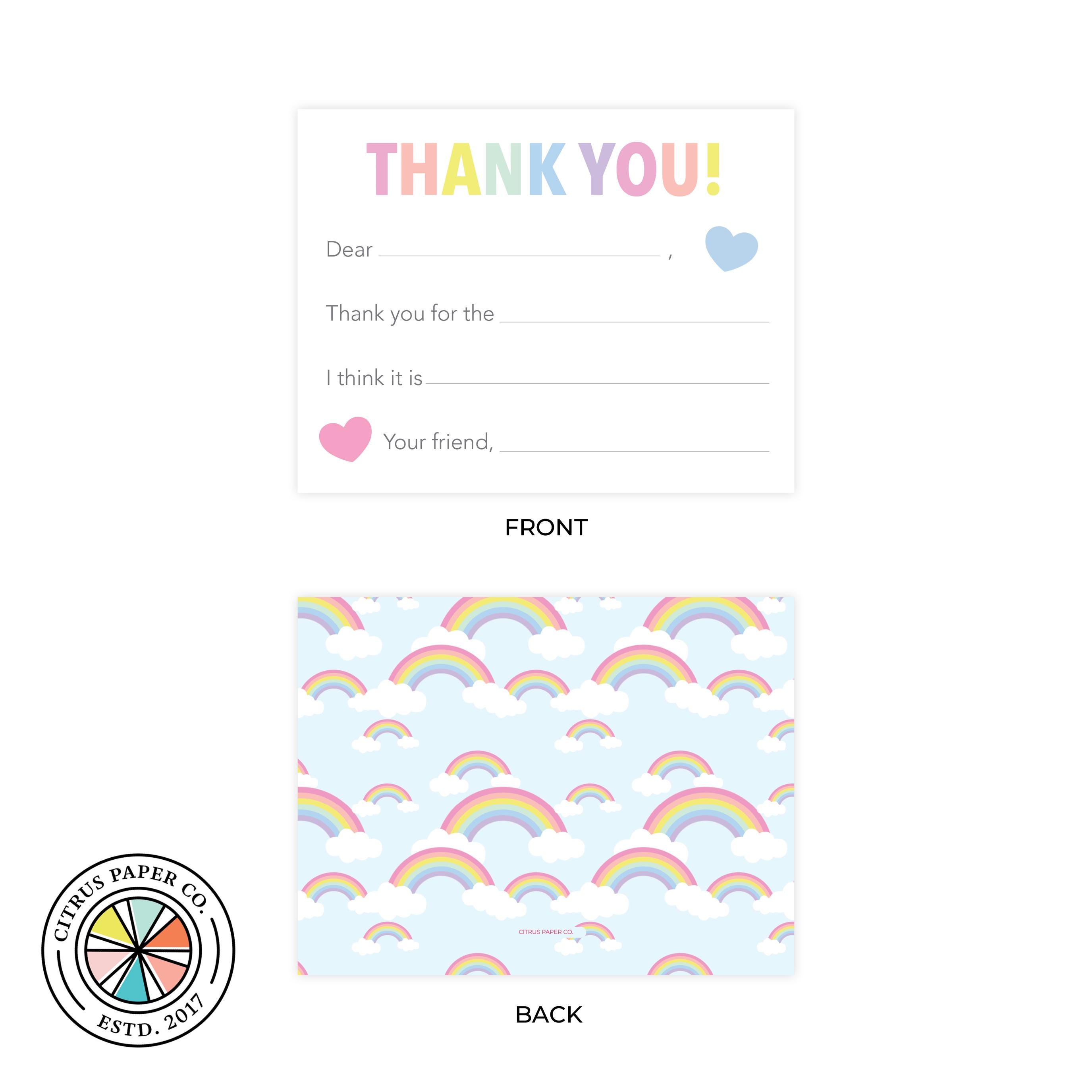 Kids Rainbow Fill in the Blank Thank You Cards | Kids Thank You Notes ...