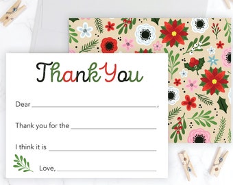 Kids Christmas Thank You Cards | Boys Fill in the Blank Thank You Notes for Christmas | Boys Holiday Flat Note Cards | Kids Christmas Cards