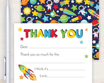 Kids Space Fill In the Blank Thank You Card | Outer Space Thank You Note | Boys Fill In The Blank Card | Rocket Ship Stars Planets Astronaut