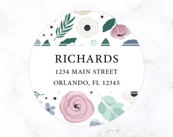 Return Address Label Stickers | 2 Inch Circle Address Labels | Floral Address Labels Lavender Purple Flower Pattern | Housewarming Gift