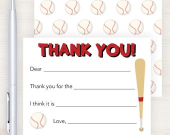 Kids Fill In the Blank Thank You Cards | Baseball Thank You Notes | Sports Fill In The Blank Cards | Girls Boys Thank You Note Cards