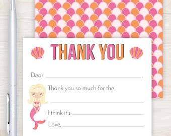 Mermaid Fill In the Blank Kids Thank You Card | Blonde Mermaid Thank You Cards | Pink and Orange Mermaid Thank You Cards | Girls Fill In