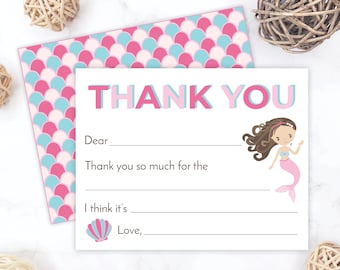 Mermaid Fill In the Blank Kids Thank You Card | Brunette Mermaid Thank You Cards | Pink and Blue Mermaid Thank You Cards | Girls Fill In