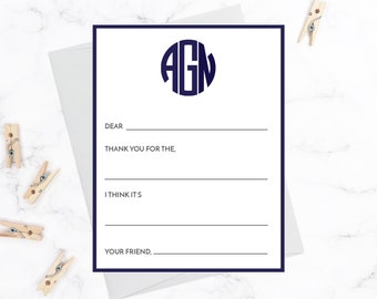 Circle Monogram Fill in the Blank Kids Thank You Cards | Navy Blue Monogrammed Write In Thank You Notes | Flat Note Cards for Boys Kids