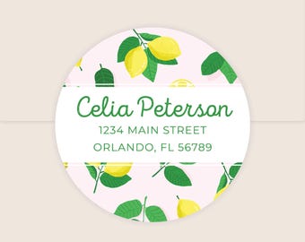 Personalized Lemon Return Address Labels | Pink Yellow Round Stationery Stickers