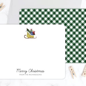 Personalized Christmas Card | Santa&#39;s Sleigh Christmas Holiday Card | Flat Card Double Sided No Photo | Vintage Watercolor Sleigh Gingham
