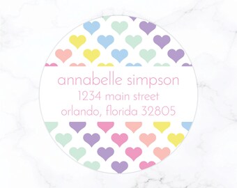 Pastel Hearts Return Address Labels | Round Address Label Sticker | 2 Inch Round Circle | Rainbow Heart Stationery Set for Girls Thank You