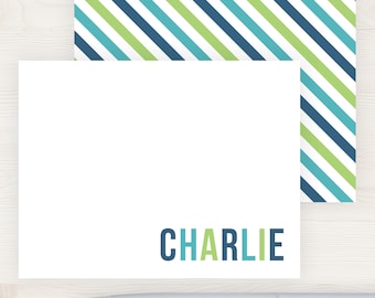 Kids Personalized Note Cards | Kid Stationery | Boys Stationery | Personalized Flat Note Cards | Kids Thank You Cards | Blue Green Stripes