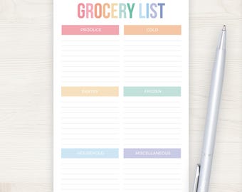 Grocery List Notepad | Pastel Grocery Shopping Pad | Grocery List with Categories | Colorful Family Grocery Paper | Organization Notepad
