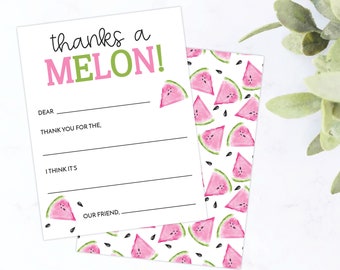 Watermelon Fill In the Blank Thank You Cards | Kids Thank You Notes | Girls One in a Melon Thanks a Melon Birthday Summer Flat Note Cards