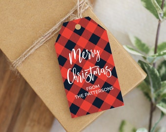 Personalized Christmas Gift Tag | Christmas Red Plaid Holiday Gift Tag | Rectangle Notched Christmas Gift Tag | Personalized Family