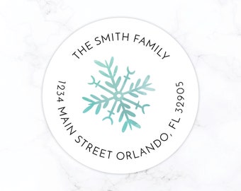 Christmas Return Address Label Stickers | Personalized Holiday Return Address Sticker | Round Label Vintage Christmas Watercolor Snowflake