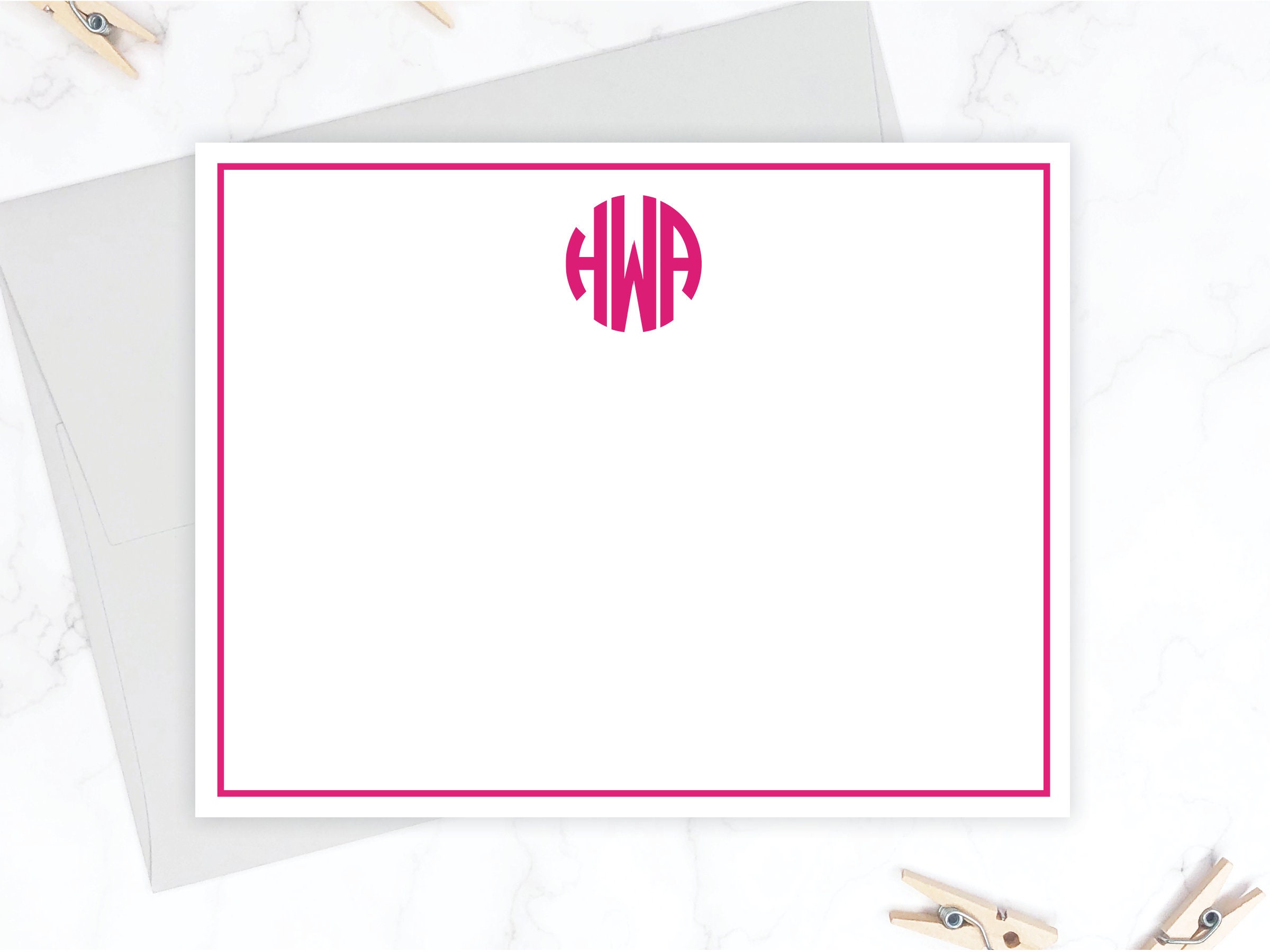 Circle Monogram Stationery Set Stationary Set for Girls Hot Pink  Monogrammed Note Cards Flat Note Card Thank You Card for Kids 198 