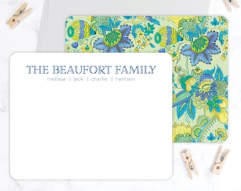 Personalized Family Stationery | Blue Green Floral Family Stationary | Double Sided Flat Note Card Thank You Card | Preppy Rounded Corner