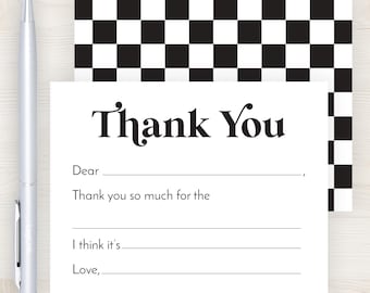 Kids Black Checkered Fill in the Blank Thank You Card | Fillable Girls Thank You Note | Retro Checkered Stationery for Girl | Kid Stationary