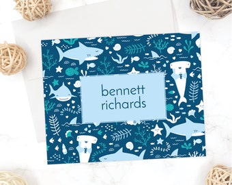 Shark Folding Stationary Set | Sharks Personalized Stationery for Kids | Nautical Ocean Sea Creatures Kids Note Cards | Boys Stationary 195