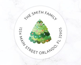 Christmas Tree Return Address Label Stickers | Personalized Holiday Return Address Sticker | Round Label Vintage Christmas Watercolor