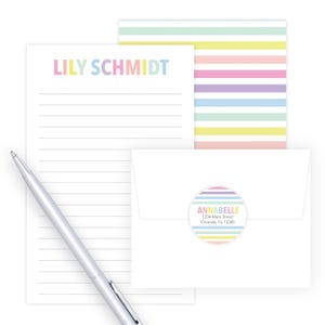 Girls Letter Writing Set | Rainbow Pastel Stripe Letter Writing Kit | Girls Stationery | Girls Gift Idea | Lined Stationary | Pen Pal Set zdjęcie 2