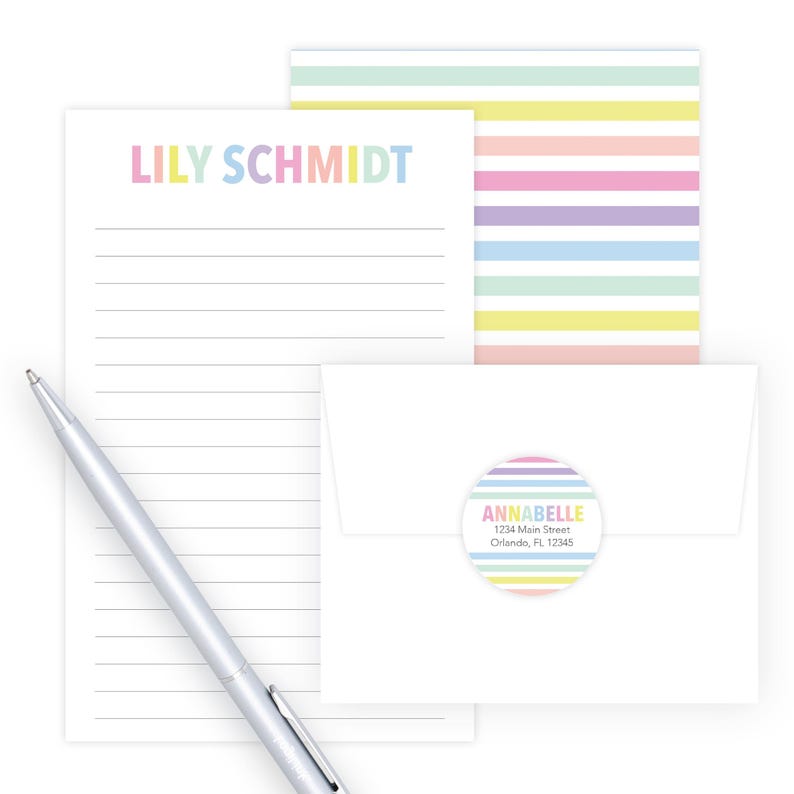 Girls Letter Writing Set | Rainbow Pastel Stripe Letter Writing Kit | Girls Stationery | Girls Gift Idea | Lined Stationary | Pen Pal Set zdjęcie 2