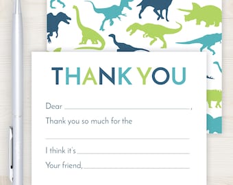 Dinosaur Fill In the Blank Thank You Card | Kids Birthday Fill In Thank You Note | Dino Thank You Card | Pre-Filled Boy Thank You Stationery