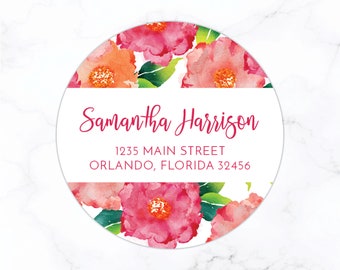 Floral Return Address Labels | Round Address Label Stickers | Women's Watercolor Flowers Personalized 2 Inch Circle Labels Preppy Colorful
