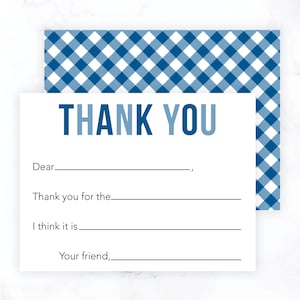 Kid Fill In the Blank Thank You Cards | Kid Thank You Note | Blue Gingham Blue Buffalo Check Double Sided Kids Stationery Flat Note Card 218