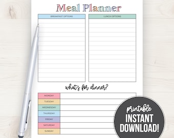 Printable Meal Planner | Pastel Weekly Meal Plan Organizer | Family Grocery Planning | Instant Download