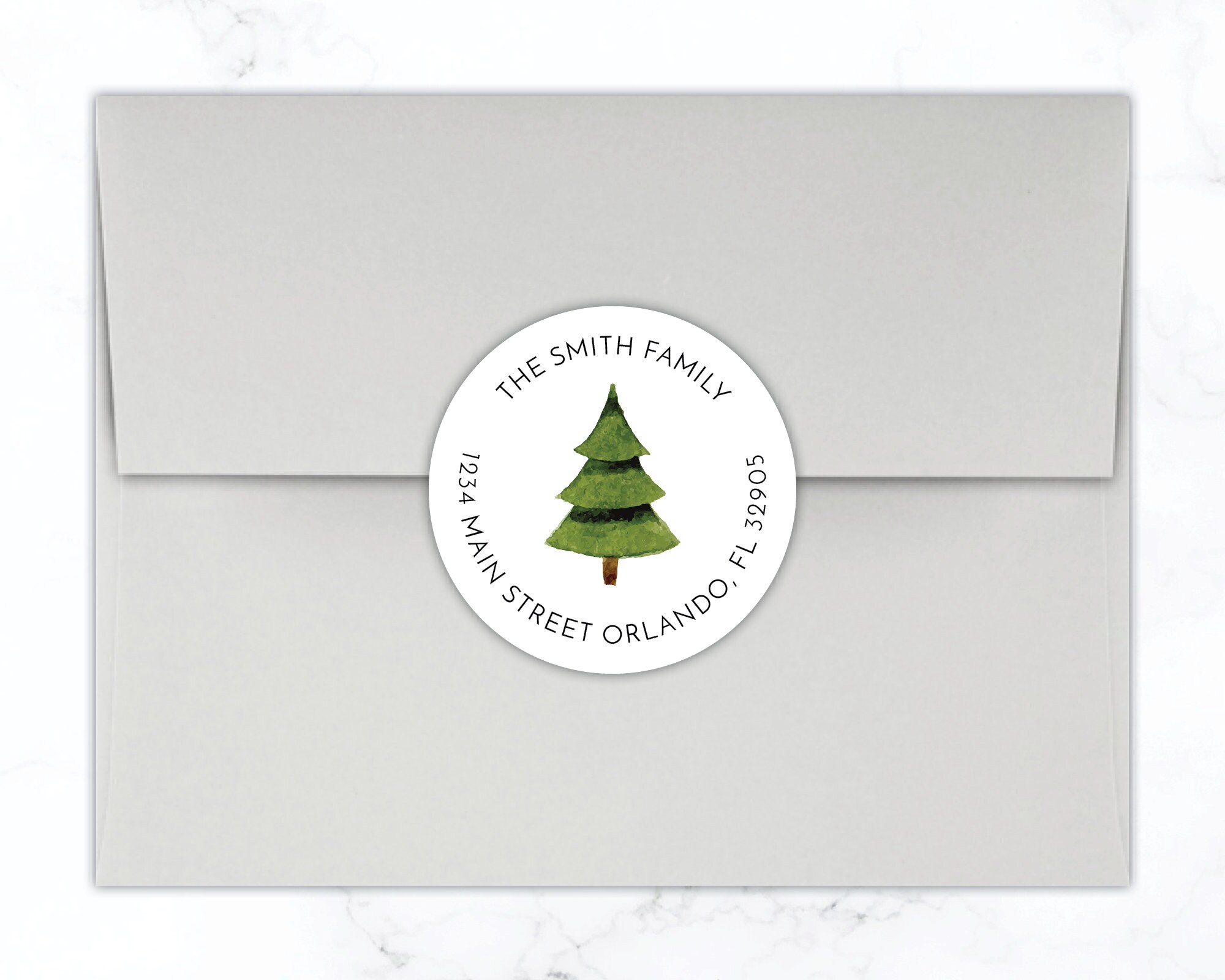 Christmas Return Address Label Stickers | Personalized Holiday Return Address Stickers | Round Labels Watercolor Christmas Tree Minimalist